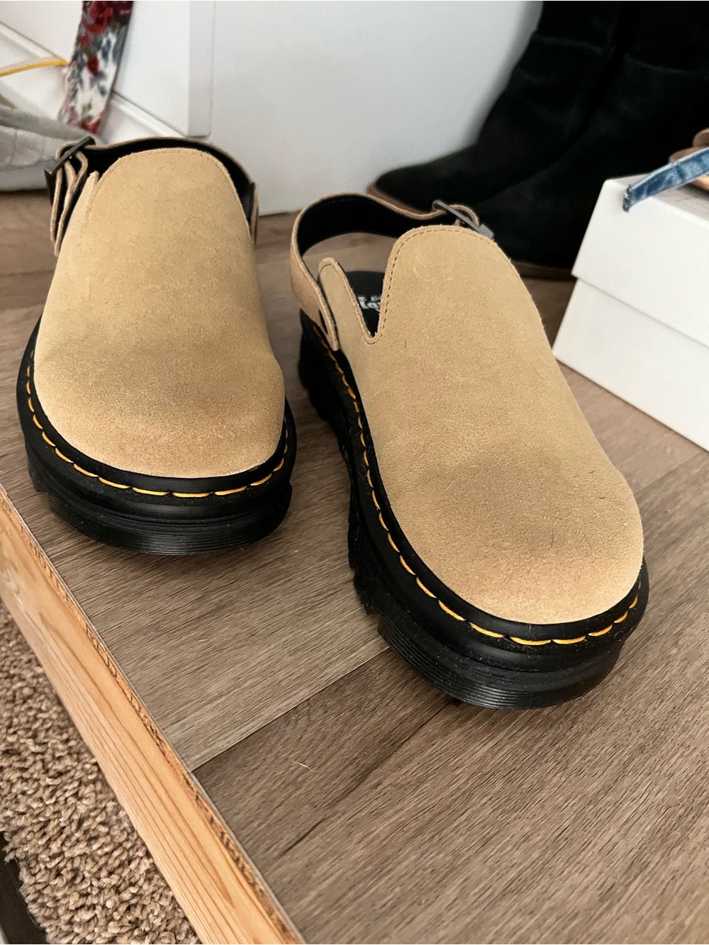 Dr. Martens Tan Suede Slingback Platform Mules with Black Sole